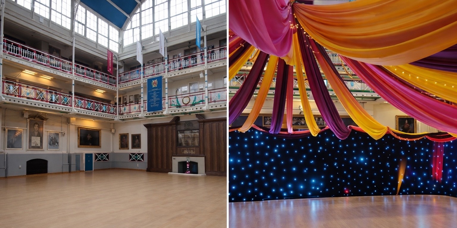 Christmas party draping circus theme install at London Scottish house